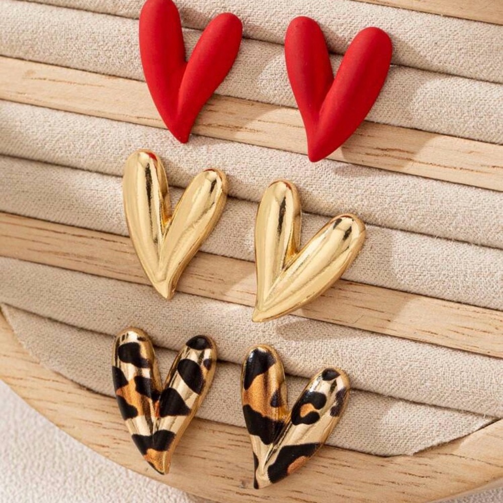 Heart Shaped Earring Set - Red, Gold, Leopard Accents